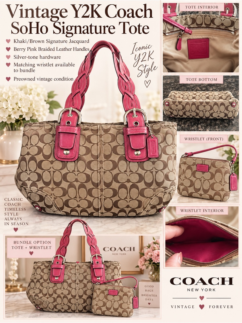 Coach Khaki/Brown Signature Tote with Berry Pink Braided Handles